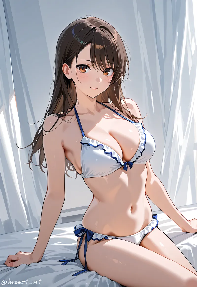 黒髪の美少女が白と紺のフリル付き水着を身につけた、光あふれるスタジオ背景でのアニメ調グラビア。柔らかい自然光と背後の白いカーテンが優雅な雰囲気を演出しています。