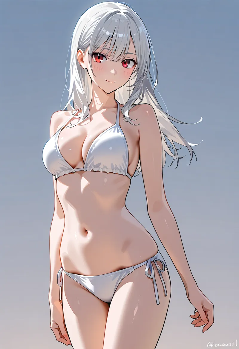 銀色に輝く長髪と赤い瞳が印象的な美少女のアニメ調イラストです。白いビキニの爽やかなファッションに、柔らかな笑顔を浮かべた愛らしい表情が特徴的な作品です。