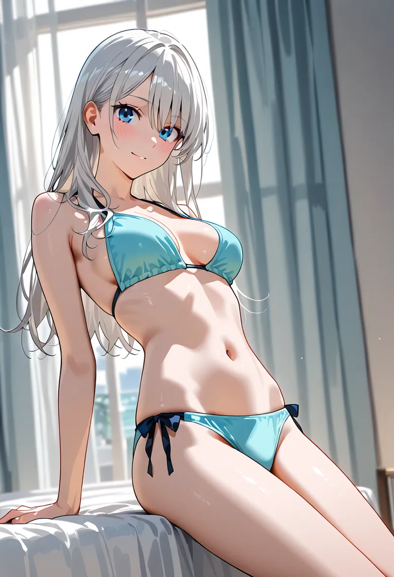 銀色の長髪と瑞々しい青い瞳が特徴的な美少女が、爽やかな青いビキニを身に纏い、光差す窓辺でくつろいでいます。AI生成ならではの洗練されたアニメ調のイラストです。