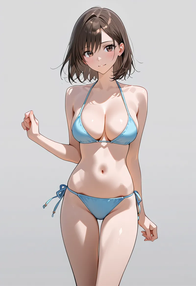 明るい表情で微笑む黒髪ショートヘアの少女が、爽やかな青色のビキニ姿で佇む夏らしいイラストです。肌の質感と光の当たり具合が丁寧に描写された、アニメ調のポートレート作品。