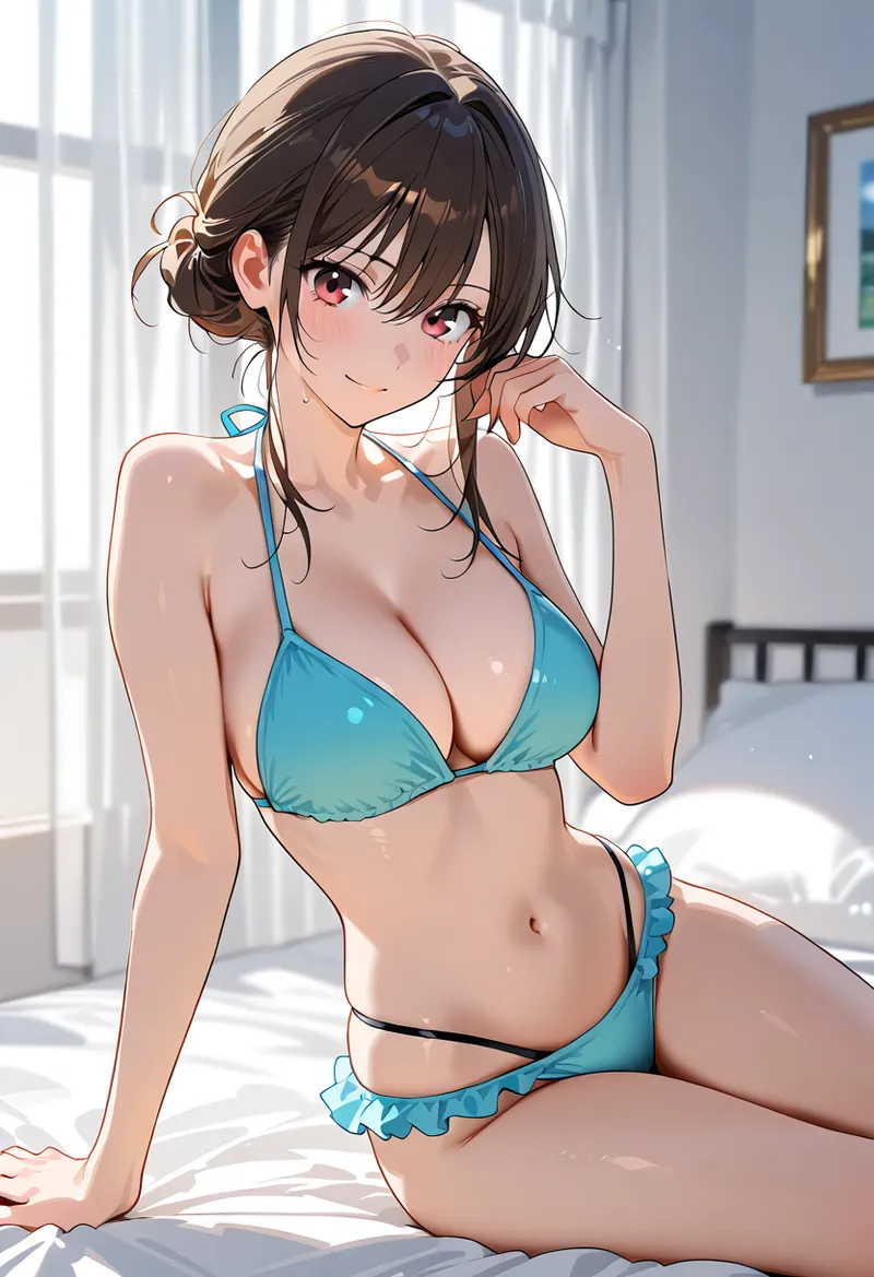 明るい室内の窓際に座る黒髪の美少女が、ターコイズブルーの水着姿で優しい表情を見せています。柔らかい自然光が肌に映り、落ち着いた色調の部屋との調和が心地よいアニメ調イラストです。