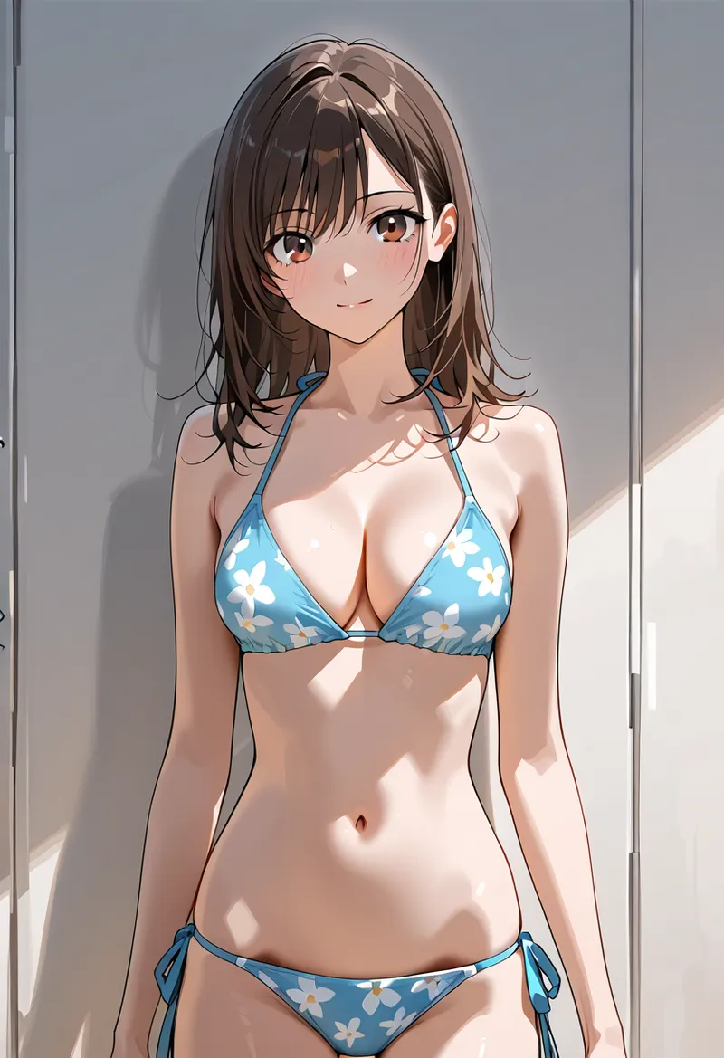 白い花模様が入った青いビキニを着た少女のアニメ調イラストです。柔らかい陽光が差し込む室内で、穏やかな表情で正面を向いています。