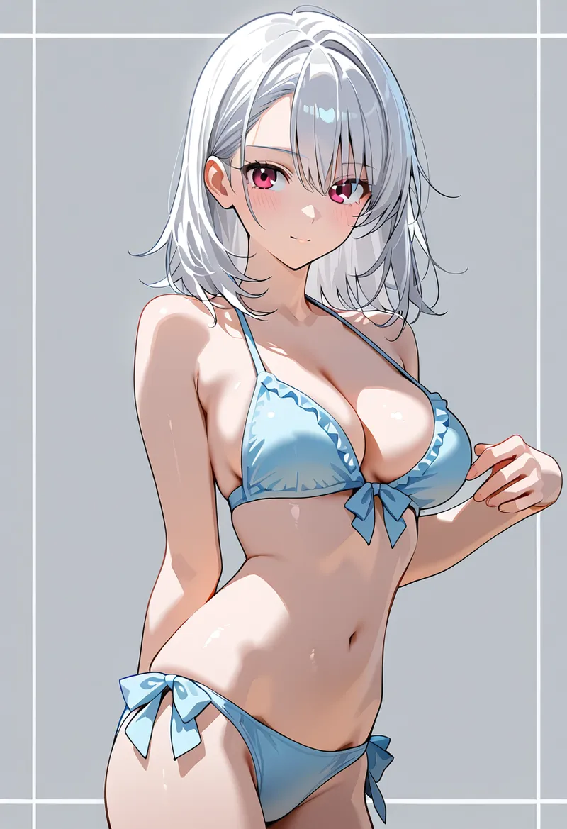 柔らかな銀色のウェーブヘアと赤紫の瞳が印象的な美少女イラストです。淡いブルーの爽やかな衣装を身に纏い、優しい笑顔で微笑む上品なキャラクターが描かれています。