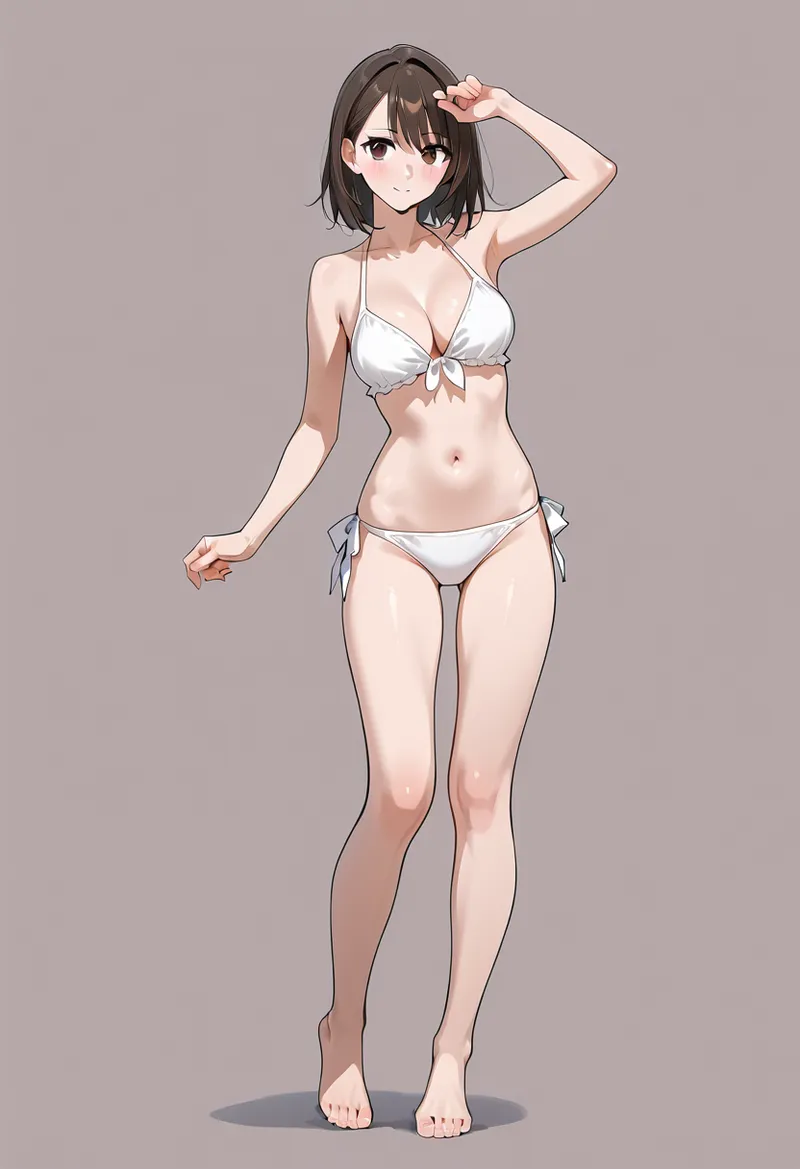 黒髪ショートにとまどいのある表情の美少女が、白のビキニ姿でポーズを取るアニメ調イラストです。グレーの落ち着いた背景が、洗練されたグラビア風の構図を引き立てています。