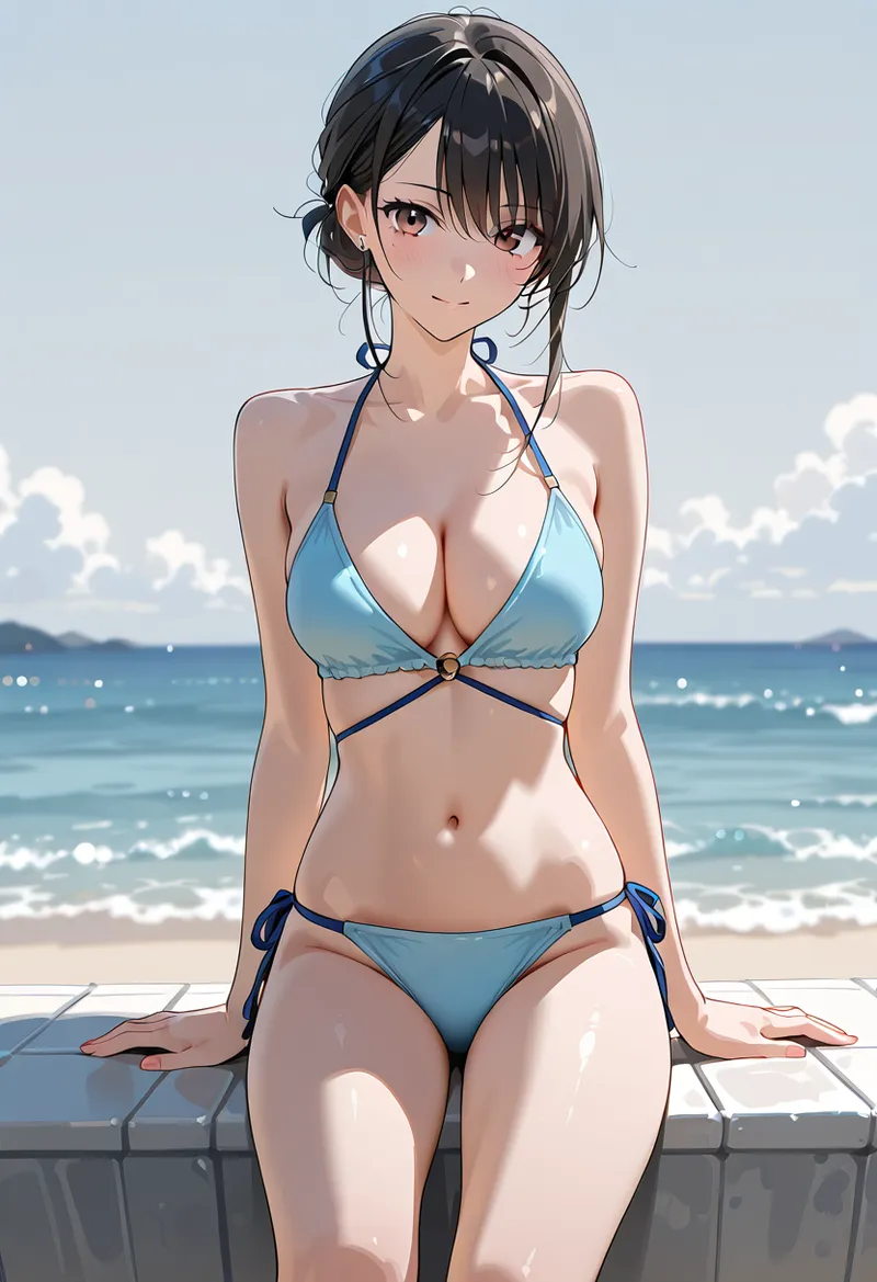 黒髪をまとめた美少女が、波打つ海を背景に海辺に佇む姿を描いたアニメ調イラストです。爽やかな青色のビキニと白砂のコントラスト、透き通った空気感が夏らしい開放的な雰囲気を演出しています。