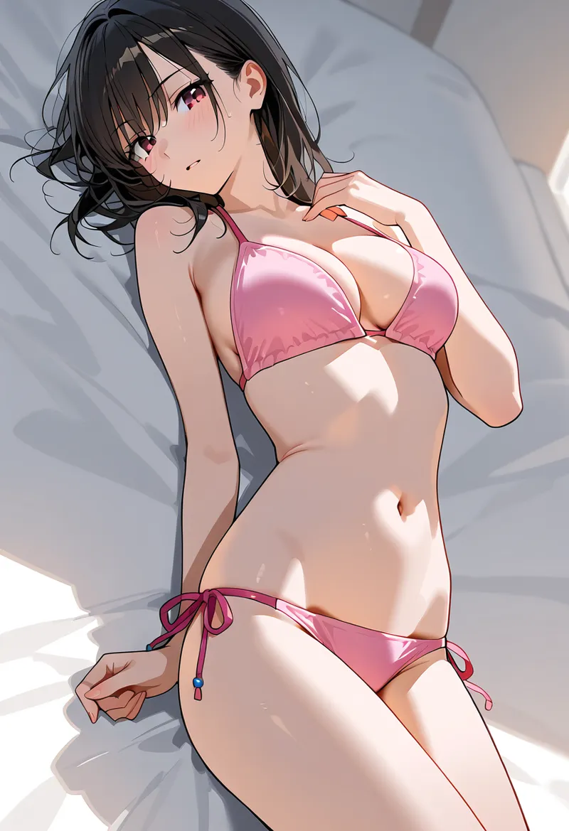 黒い髪をなびかせ、柔らかな光に包まれた女性のポートレート。ピンク色の水着姿で、優雅で魅力的な表情を見せるアニメ調イラスト。明るく開放的な背景が特徴です。