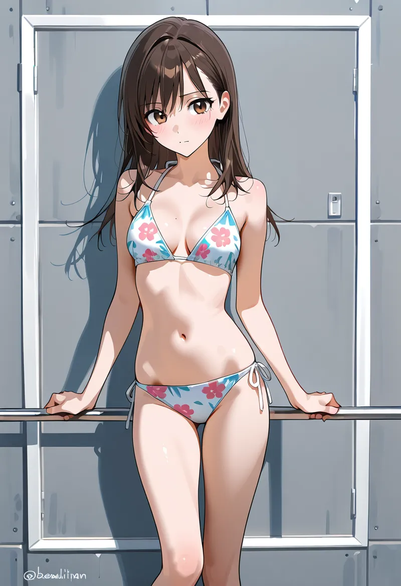 ピンクと青の花柄水着を身につけた少女が、モダンな窓枠の前で佇むアニメ調イラスト。柔らかな陽光と影の表現が立体感を引き出し、穏やかな表情が印象的です。