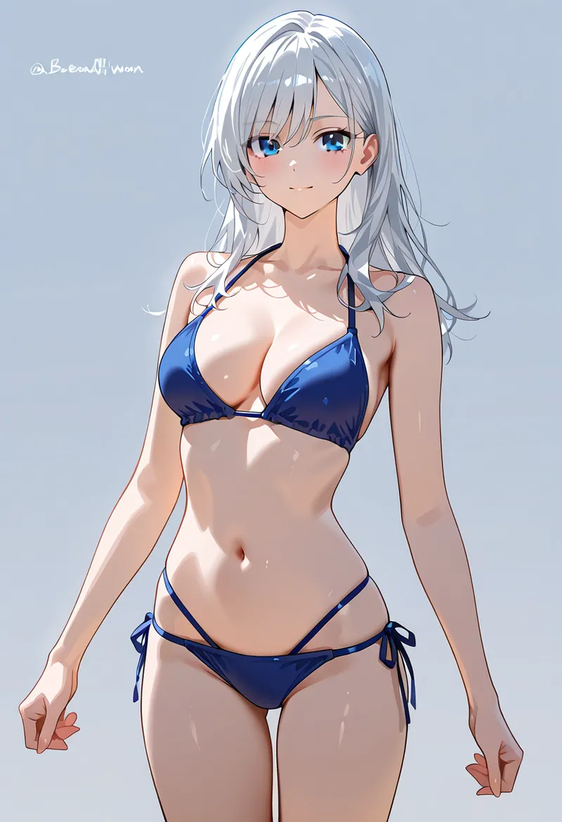 澄んだ青い瞳と白銀の長髪が特徴の美少女のポートレートイラストです。紺色の水着姿で、柔らかい光と影の表現が立体感を引き出しており、夏らしい爽やかな雰囲気が漂っています。