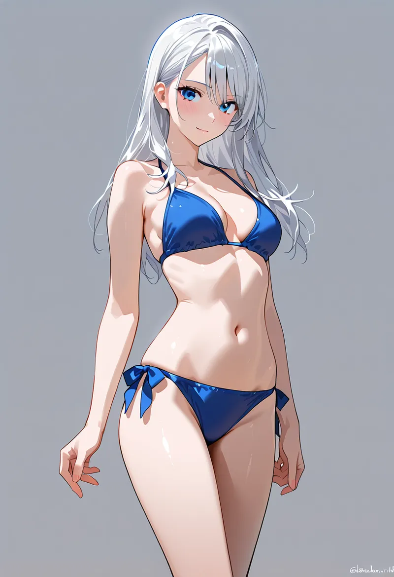 透き通るような肌と明るい青い瞳が特徴的な銀髪の美少女。深い紺色のビキニをまとい、柔らかい笑顔で佇む姿が印象的なアニメ調イラストです。