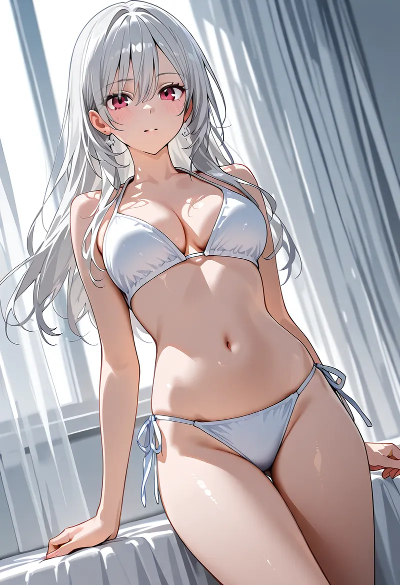 銀色の長い髪と赤紫色の瞳が印象的な美少女のアニメ調イラストです。白いビキニを身につけ、光と影が織りなす室内で優雅に佇む姿が描かれています。