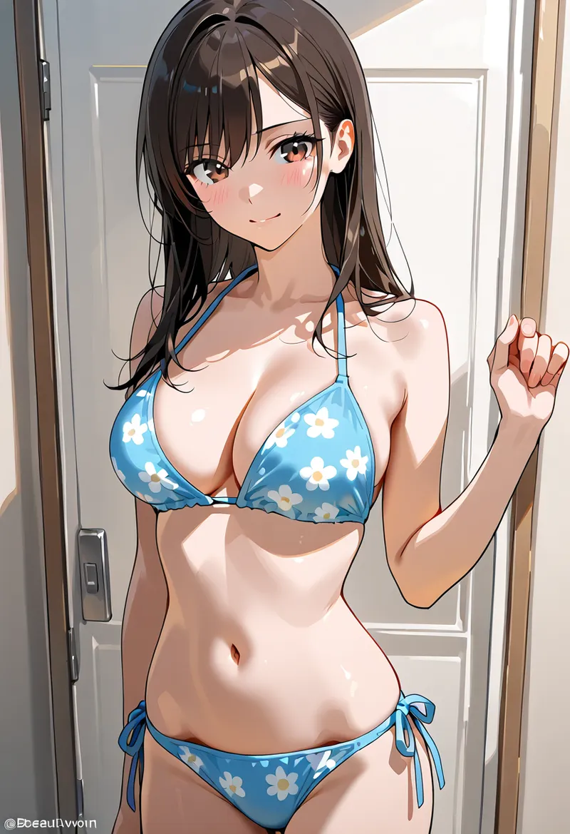 白を基調とした室内で、青い花柄のビキニを身に着けた女性が爽やかな笑顔を浮かべています。自然光に包まれた柔らかい雰囲気のアニメ調イラストです。