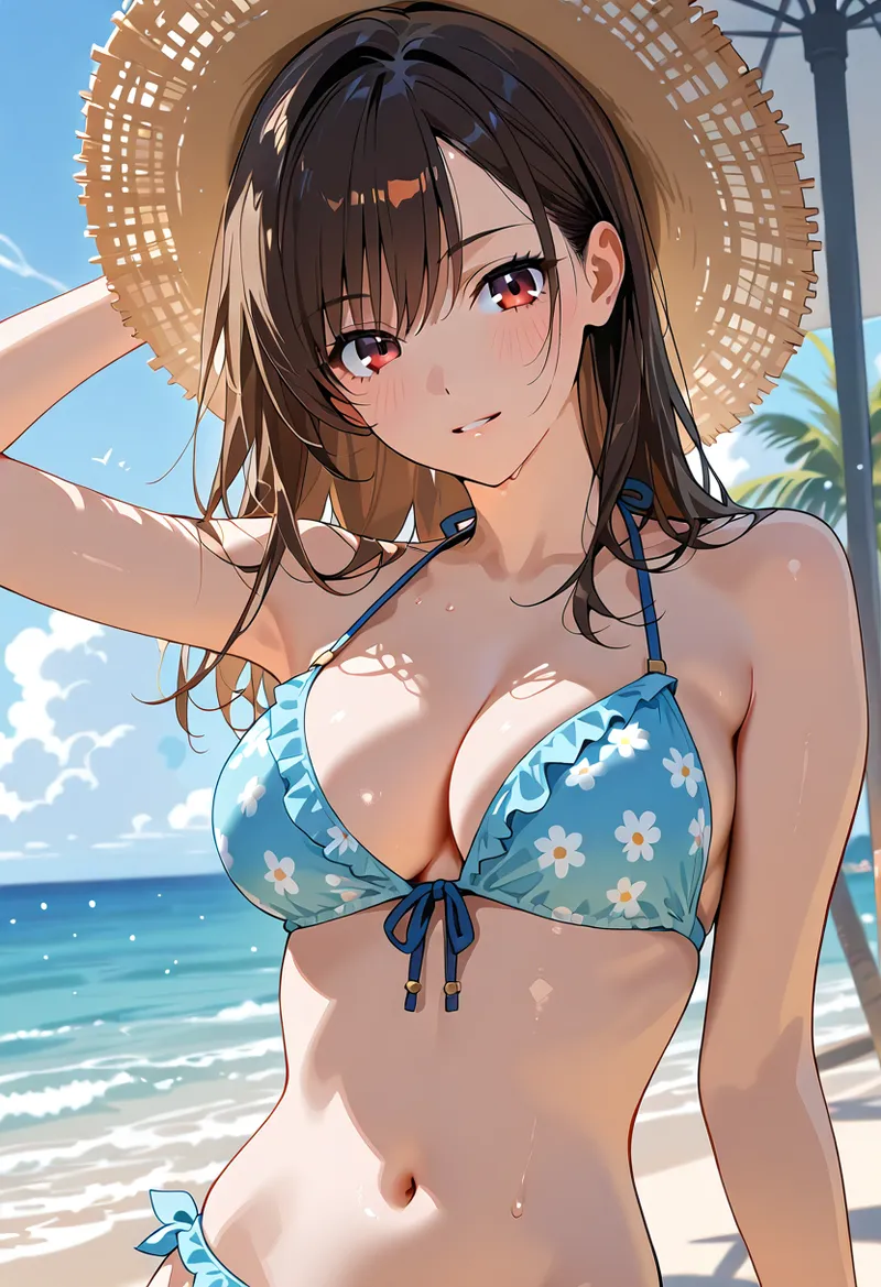 透き通る青い海を背景に、麦わら帽子をかぶった黒髪の少女が優しい表情で佇んでいます。花柄の水着と爽やかなブルーの色合いが夏らしく、海風に揺らぐ髪と青空が心地よい季節感を演出しています。
