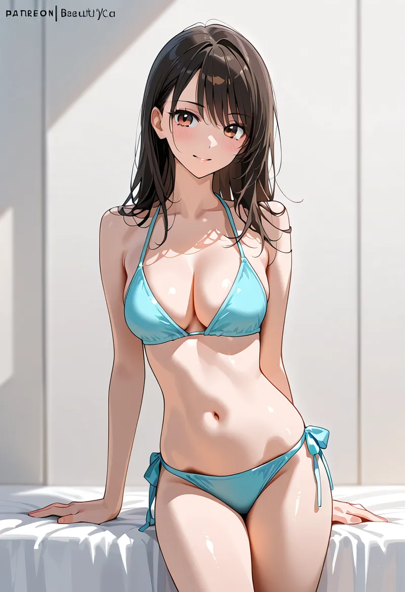 明るい窓辺に佇む黒髪の少女が、爽やかな水色のビキニ姿でカメラに向き合っています。柔らかい自然光が肌を照らし、穏やかな表情と優雅なポーズが印象的なAI生成イラストです。