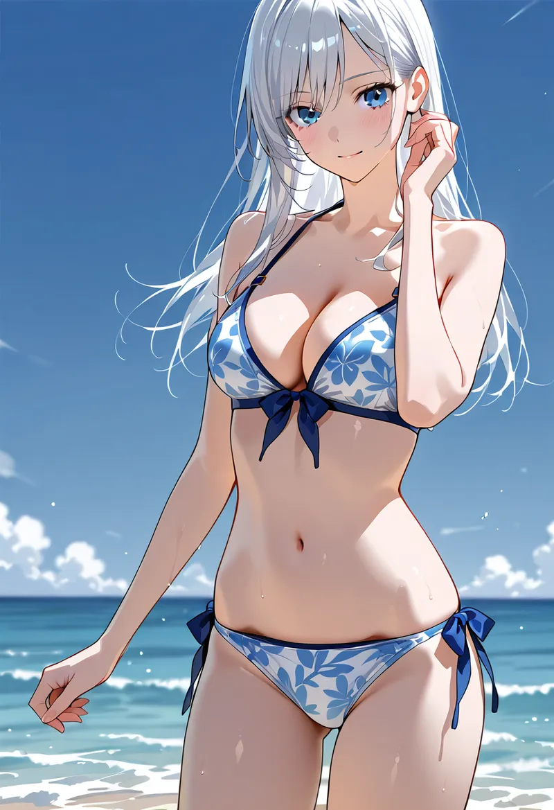 白銀の髪と青い瞳が印象的な美少女が、青空と海を背景に夏らしい水着姿で佇むアニメ調イラスト。花模様の涼しげなビキニと優雅なポーズが夏の開放感を表現しています。