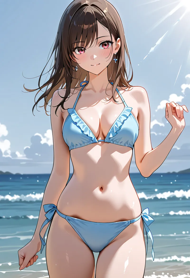 爽やかな青空と波打つ海を背景に、ブルーの水着姿で微笑む美少女のアニメ調イラストです。夏の日差しを受けた明るい表情と、涼し気な色合いが心地よい一枚。