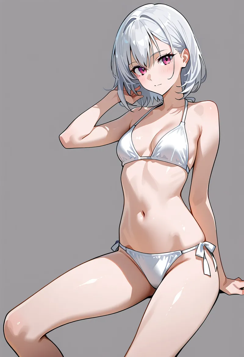 淡紫色の瞳が印象的な銀髪ボブの美少女を、シンプルな白のビキニスタイルでアニメ調に描いたイラスト。グレー背景を活かした洗練された構図で、優雅な仕草と柔らかい肌の質感を表現しています。
