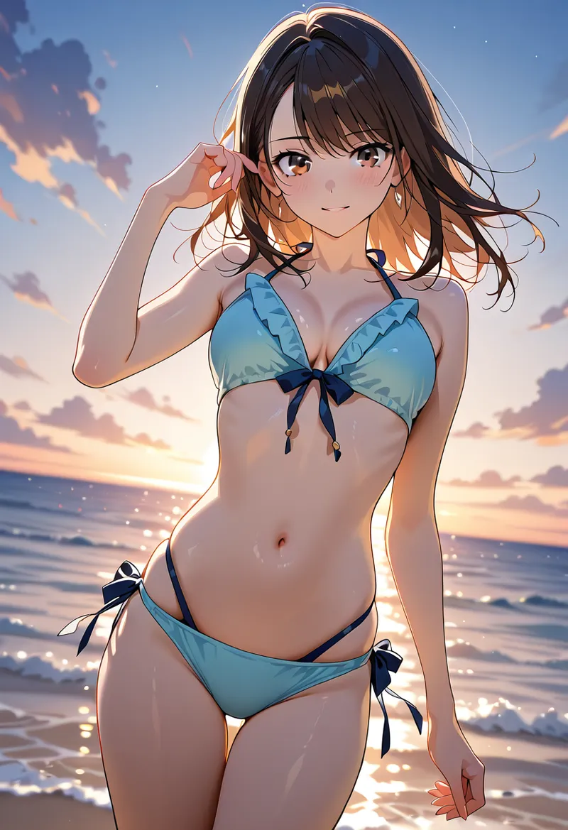黒髪の美少女が夕焼けに染まるビーチで、水色のリボン付き水着姿でポーズを取るアニメ調イラスト。逆光に輝く肌と黄金色に染まる海景が、優雅で幻想的な雰囲気を演出しています。