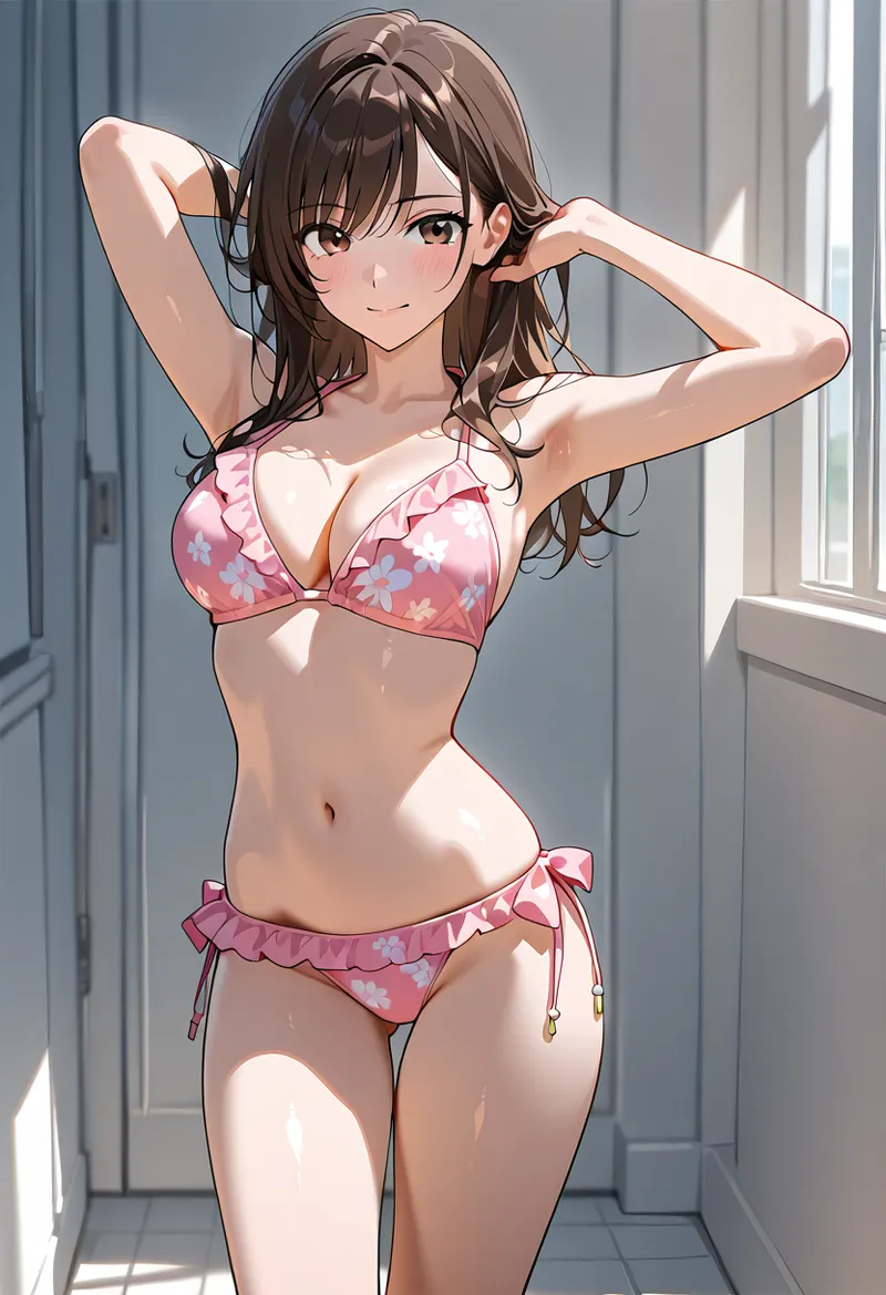 花柄のピンク系衣装を身にまとった美少女が、爽やかな室内でリラックスした表情を浮かべています。柔らかい自然光が優雅なアニメイラストの輪郭を際立たせた一枚です。