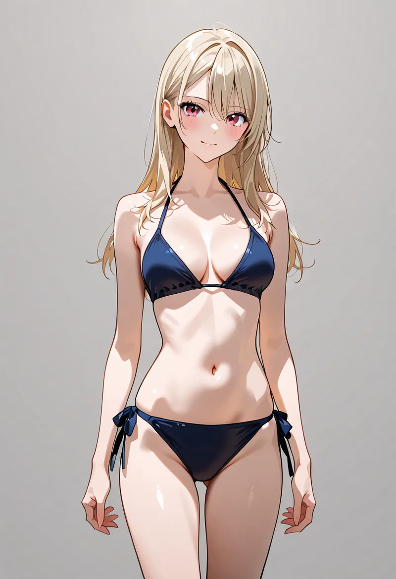 淡いベージュの長髪と紅紫色の瞳が印象的なアニメ調のキャラクターです。紺色のシンプルな衣装を着た全身ポートレートで、柔らかいグラデーション背景と優れた陰影表現が特徴です。