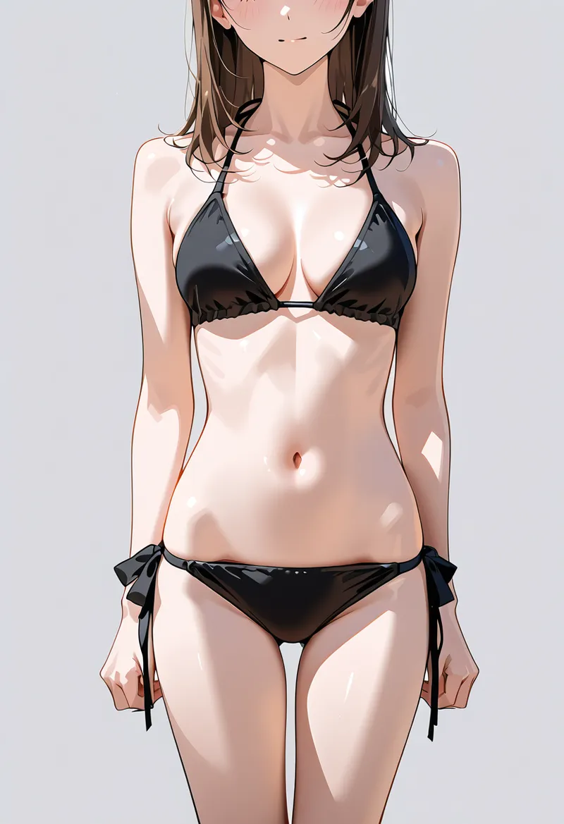 黒のビキニを身に着けた美少女のアニメ調イラストです。落ち着いた灰色背景に映える肌の質感と、柔らかな陰影表現が印象的なポートレート作品。