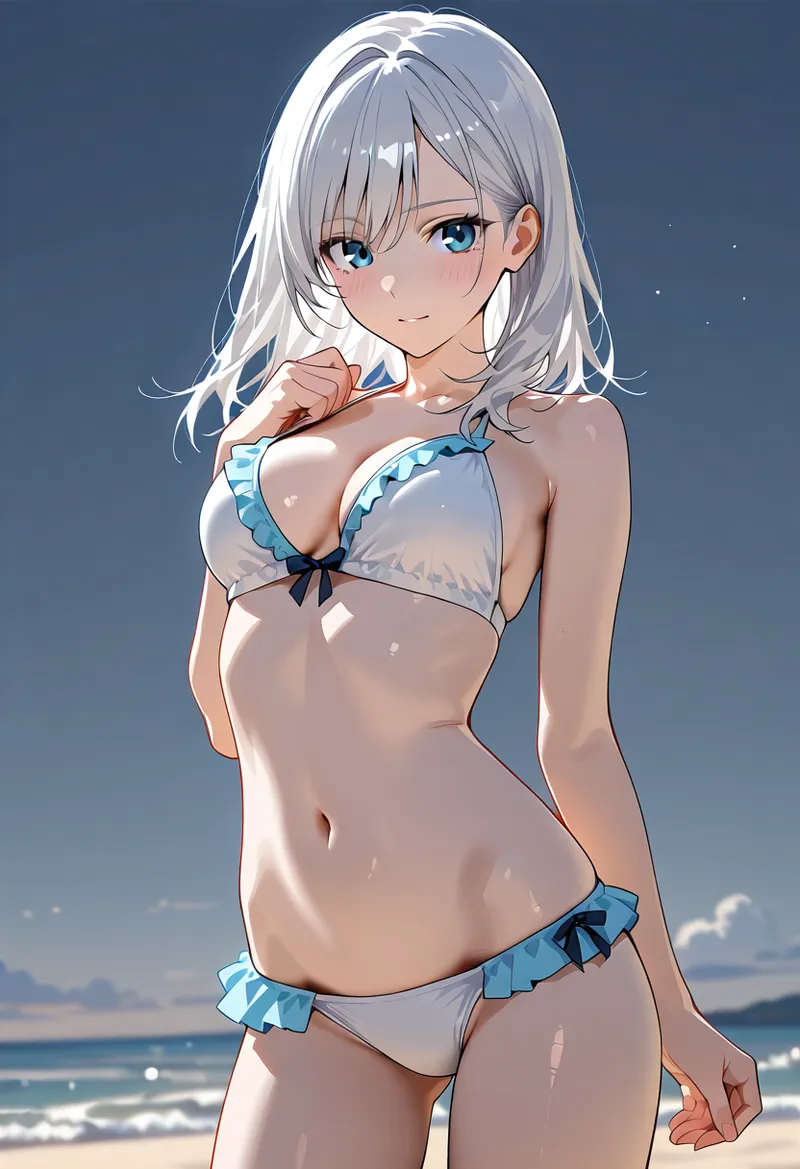 透き通るような青い瞳と銀色の長髪が印象的な美少女のビーチイラストです。白と青のフリル装飾が施された水着姿で、海と空のグラデーションが爽やかな背景となっています。