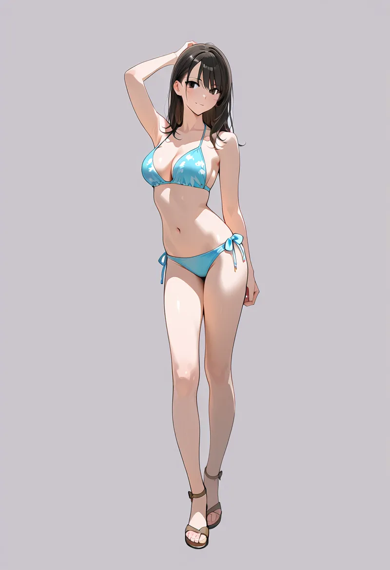黒髪ロングヘアの少女が、鮮やかな青色の水着姿でクールなポーズを決めています。グレーの背景でシンプルに映された、アニメ調の洗練されたイラストです。