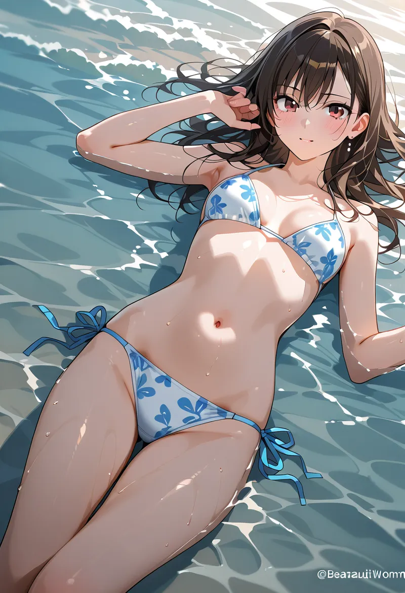黒髪を風になびかせた美少女がプール脇で微笑む。青と白の幾何学模様が施された水着で、爽やかな水面と光が差し込む夏らしい明るい画面構成のアニメ調イラストです。