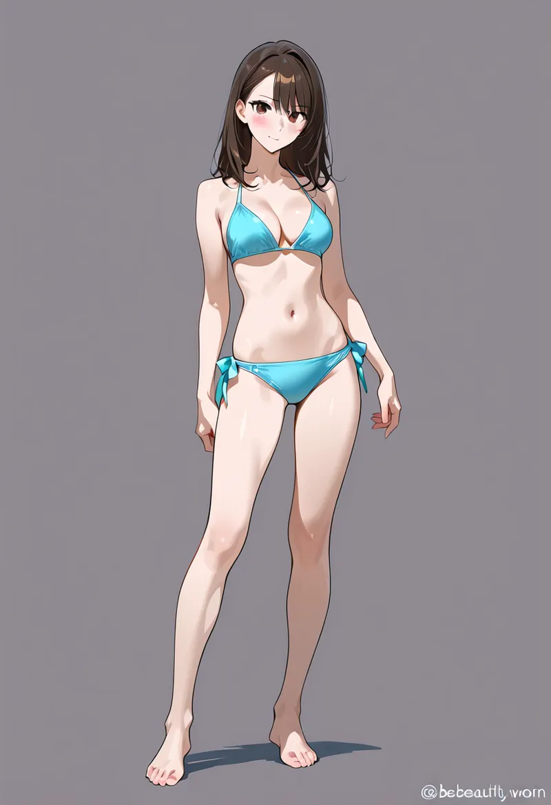 爽やかなターコイズブルーの水着を身に着けた美少女のAIイラストです。落ち着いた灰色の背景で、すらりとした姿勢の全身ポートレートが特徴で、優雅な表情とさっぱりした髪型が魅力的です。