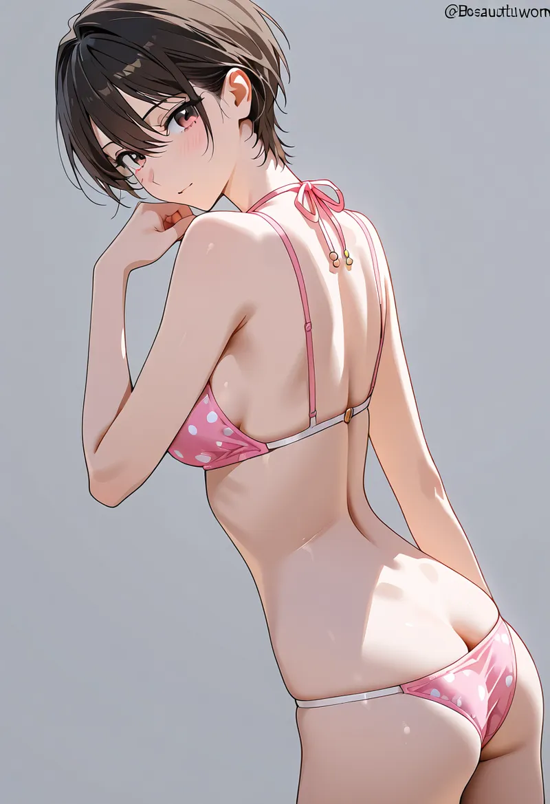 黒髪のショートヘアに、ピンク色の水玉模様ビキニを着た女性のイラストです。柔らかい灰色背景に、洗練された構図で描かれたアニメ調のグラビア風イメージです。