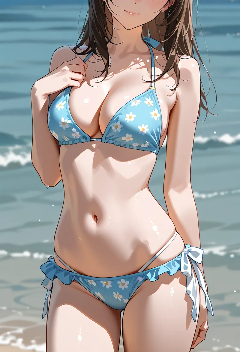 青い海を背景に、白いデイジー柄の水着を身につけた少女がポートレート撮影されています。柔らかい陽光に照らされた肌と、優しい表情が印象的なアニメ調イラストです。