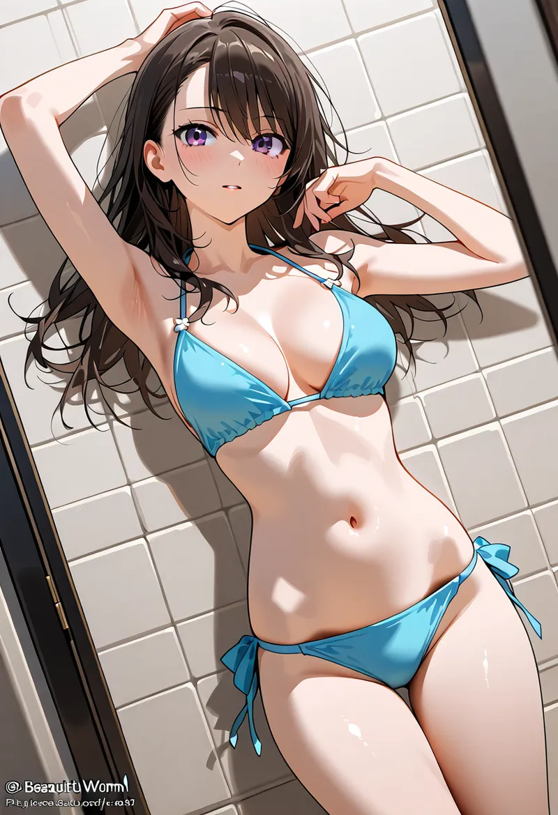 白いタイルを背景に、黒髪を優雅に整えた少女が水着ポーズで佇むアニメ調イラスト。紫紅色の瞳が印象的で、柔らかな光と影の表現が洗練された美少女ポートレートです。