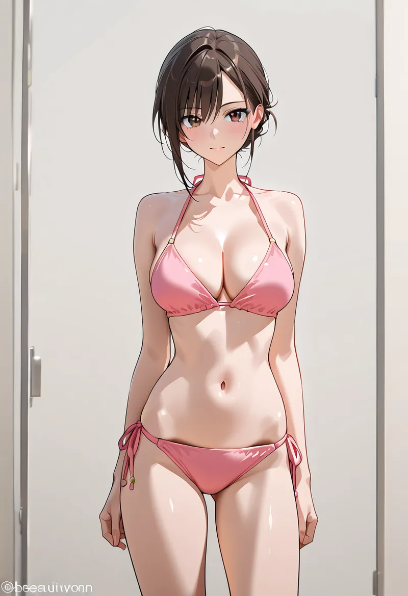 黒髪をアップにまとめた少女が、ピンク色のハーフトップと薄地のシャツを合わせたセクシーなファッションで佇むアニメ調のイラスト。白を基調とした明るい室内背景で、洗練された描線と肌の質感表現が特徴です。
