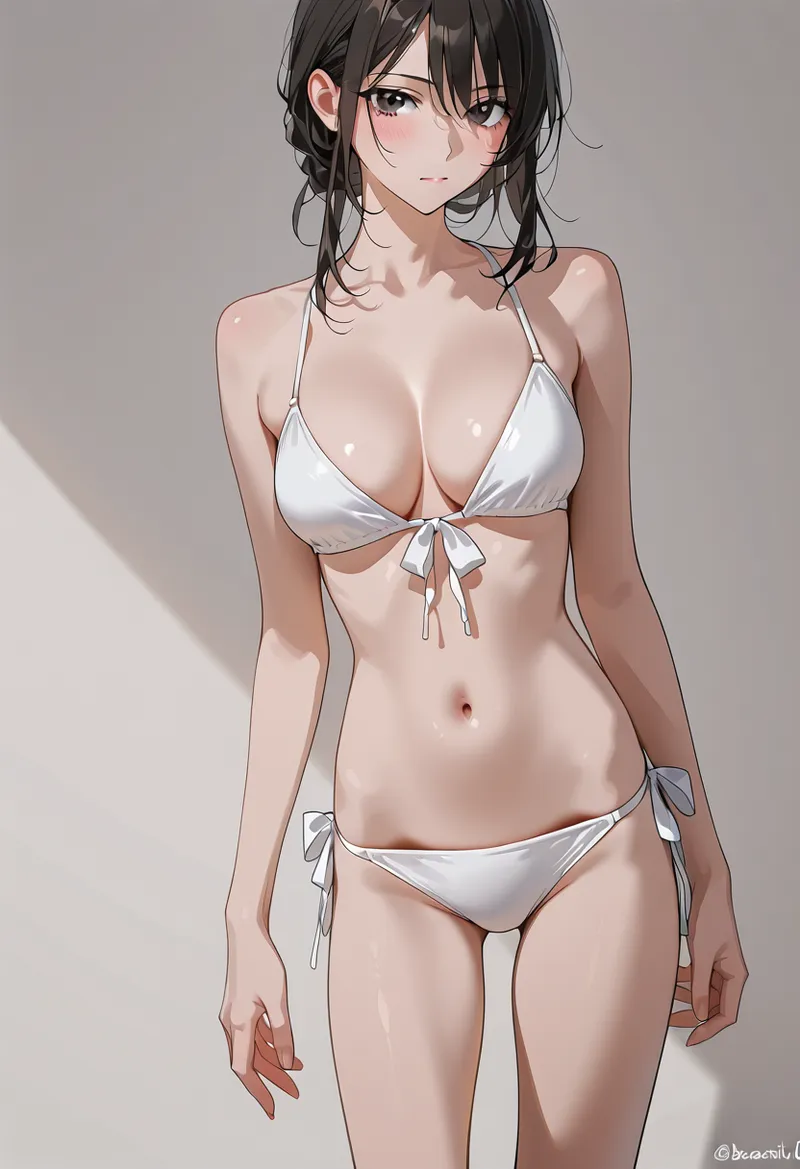 黒髪をすっきりまとめた美少女が、白いビキニを身に纏った姿を描いたアニメ調イラストです。柔らかい照明が肌の質感を引き出し、落ち着いた背景とのコントラストが印象的な作品です。