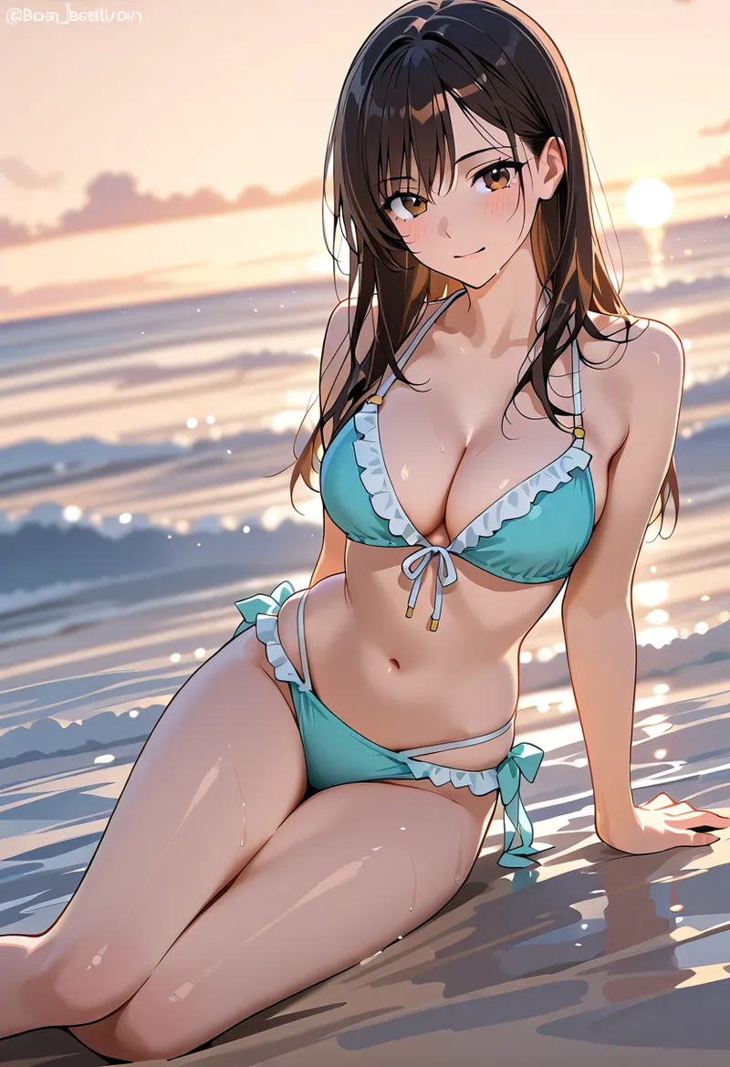 サンセットの海辺で、ターコイズブルーの水着姿でくつろぐ黒髪の美少女。柔らかな夕日の光と波の光沢が、優雅な構図と穏やかな表情を引き立てるアニメ調イラストです。