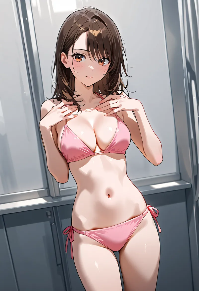 淡いピンク色の肌着をまとった美少女のアニメ調ポートレートです。柔らかな採光の室内で、優雅な手の仕草と穏やかな表情が印象的な一枚。