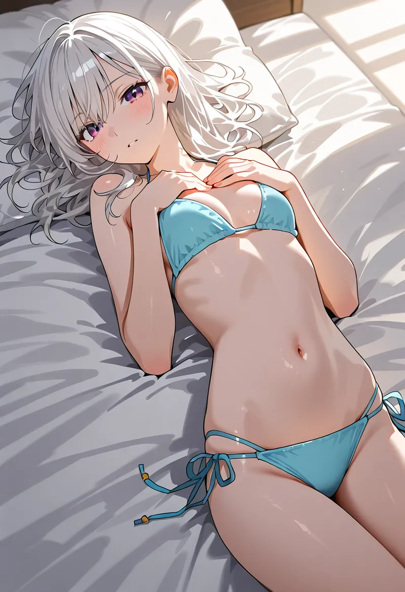 薄紫色の瞳が印象的な白髪の少女が、爽やかなブルーのビキニ姿でベッドの上でリラックスしています。柔らかな日差しが斜めから注ぎ込み、表情豊かな表現力と明るい雰囲気が魅力的なアニメ調イラストです。