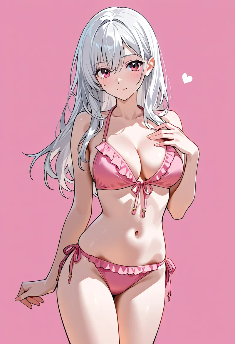 白いロングヘアと赤紫の瞳が特徴的な美少女のアニメ調イラストです。ピンク基調の背景に映えるキュートなファッションスタイルで、柔らかな笑顔が魅力的に表現されています。