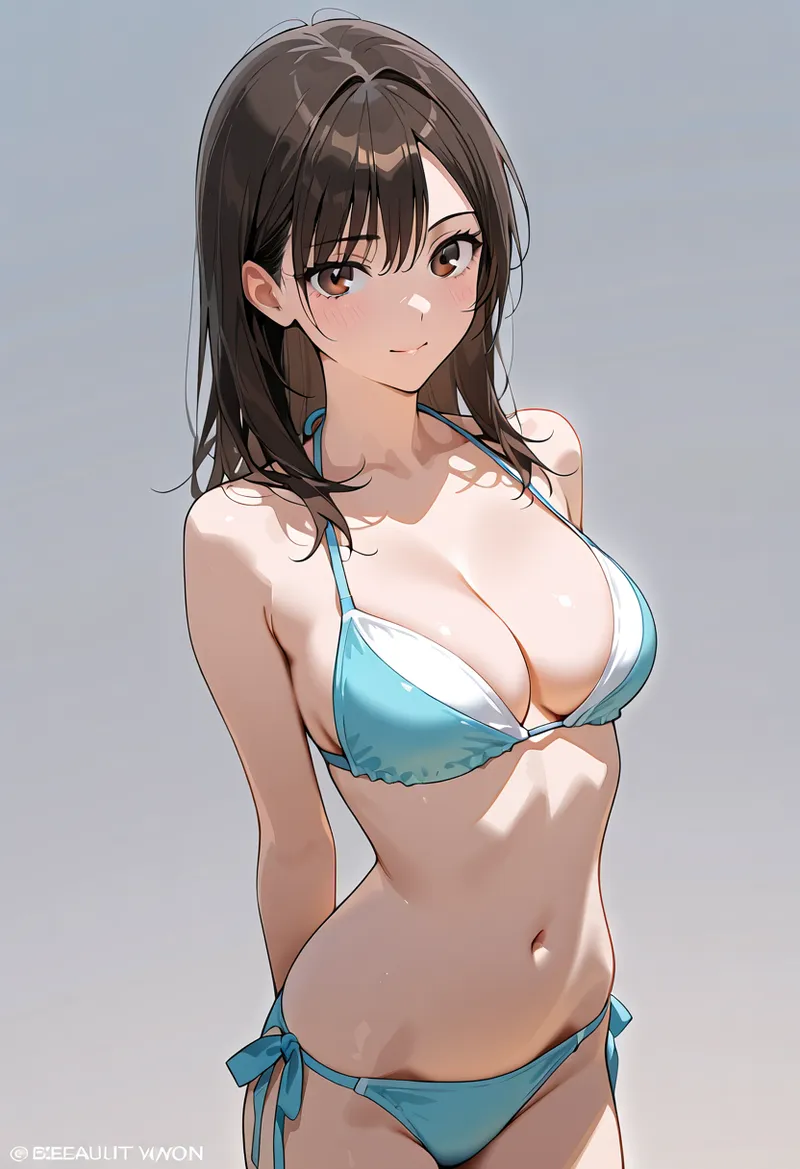 黒髪ロングで爽やかな表情の美少女イラストです。青と白のビキニを身につけた夏らしい雰囲気で、明るいグレーの背景に映える優しい笑顔が特徴的なアニメ調作品です。