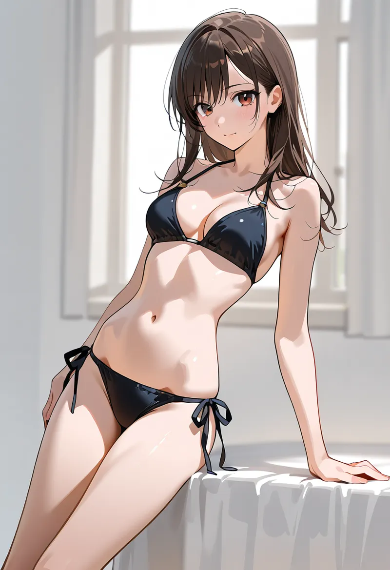 明るい室内で窓からの光を受ける、黒い下着姿の女性ポートレート。赤褐色の瞳と落ち着いた表情が印象的で、洗練された大人っぽい雰囲気のグラビアスタイルイラストです。
