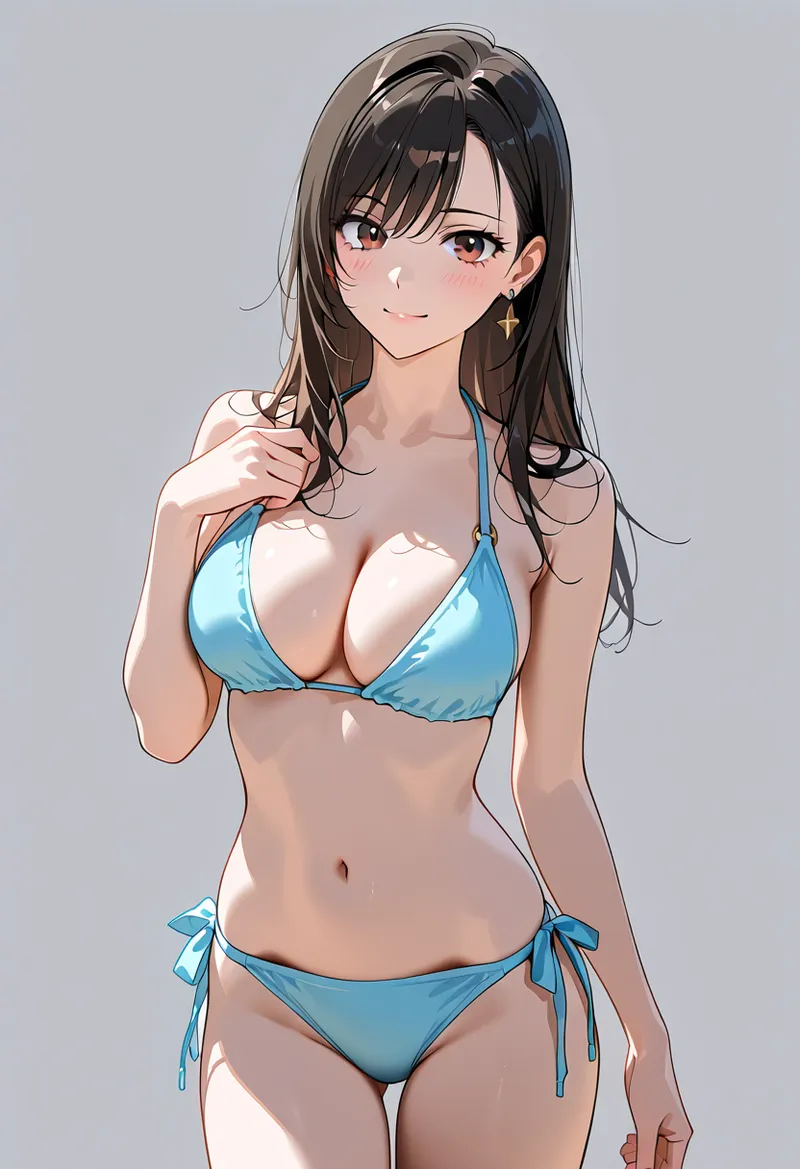 黒髪ロングの美少女が青いビキニで爽やかに微笑むアニメ調イラストです。柔らかい陰影と肌の質感表現が特徴的で、親しみやすい表情と自然なポーズが魅力的な作品です。