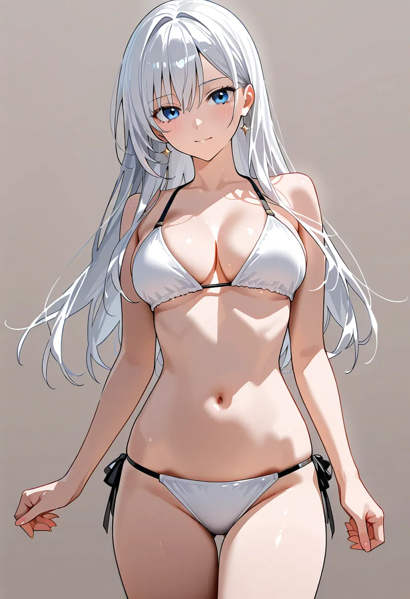 透明感のある青い瞳と流れるような白髪が特徴的なアニメ調の女性キャラクターです。淡いベージュの背景に柔らかな陰影で描かれた洗練されたイラスト作品。