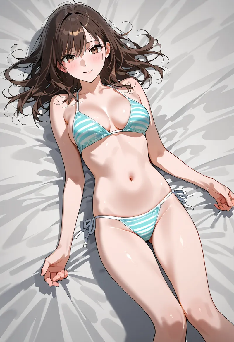 ターコイズブルーのボーダー柄ビキニを身に纏い、流れる茶髪がなびく美少女のグラビアスタイルイラスト。放射状の背景効果が華やかさを引き立てる一枚です。