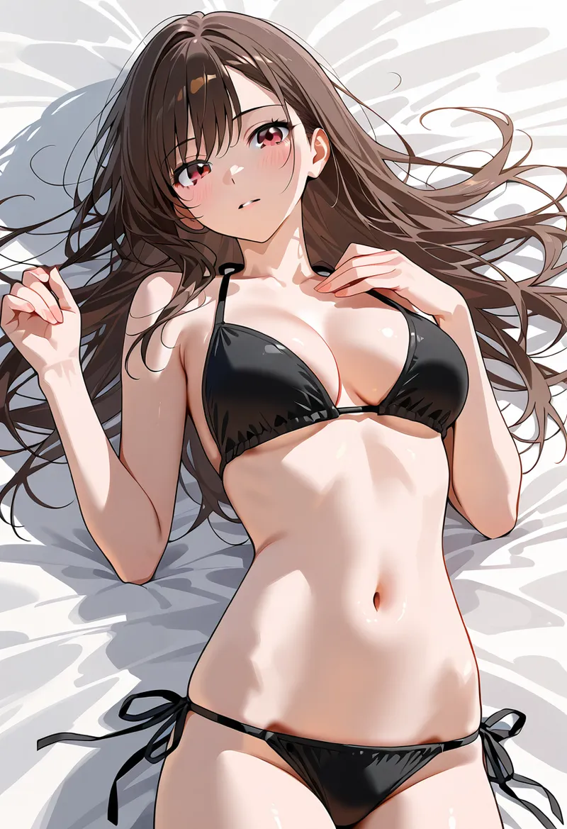 長くウェーブした茶髪と赤紫色の瞳が印象的な女性が、黒いビキニを身にまとい、爽やかな笑顔で髪をかきあげています。白を基調とした背景の放射状デザインが動的で爽快感のあるアニメ調イラストです。