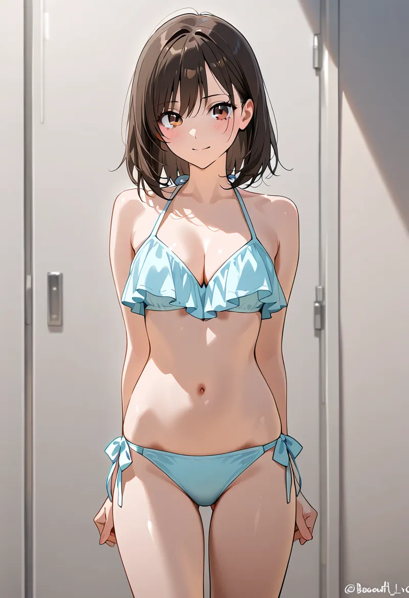 明るい室内を背景に、清潔感のある水色のビキニを身に纏った美少女のイラストです。黒髪のショートボブヘアと優しい表情が特徴的で、夏らしい涼しげな雰囲気が漂っています。