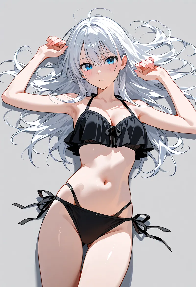 透き通るような銀髪が特徴的な美少女のアニメ調イラストです。青い瞳と優しい表情、黒いビキニ風の衣装を身につけた魅力的なキャラクターが、柔らかいグラデーション背景で描かれています。