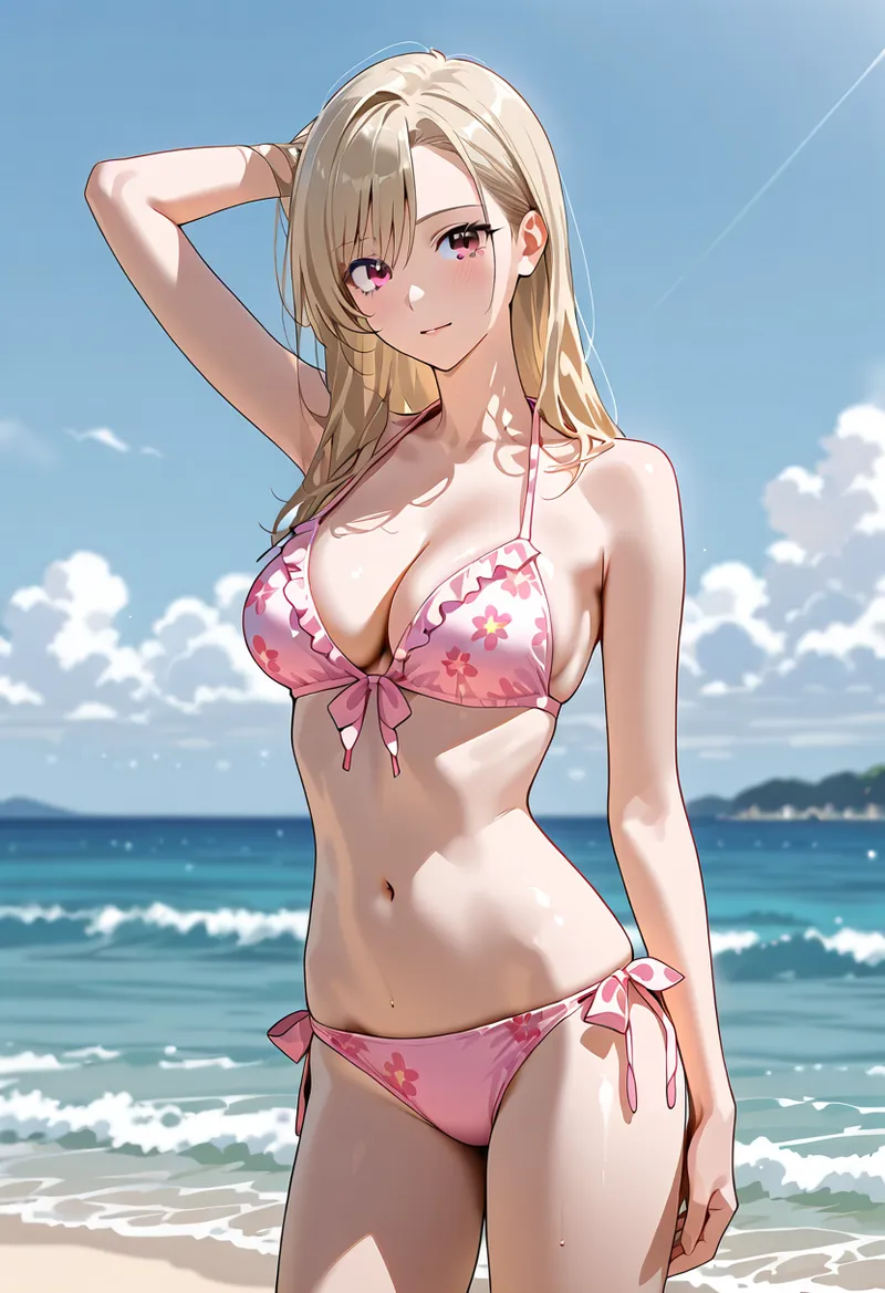 青い海と白い雲が広がる夏の浜辺で、花柄のピンク色のビキニを身につけた金髪の少女が、爽やかな笑顔で髪に手をかけている。アニメ調のタッチで描かれた清涼感あふれる一枚です。