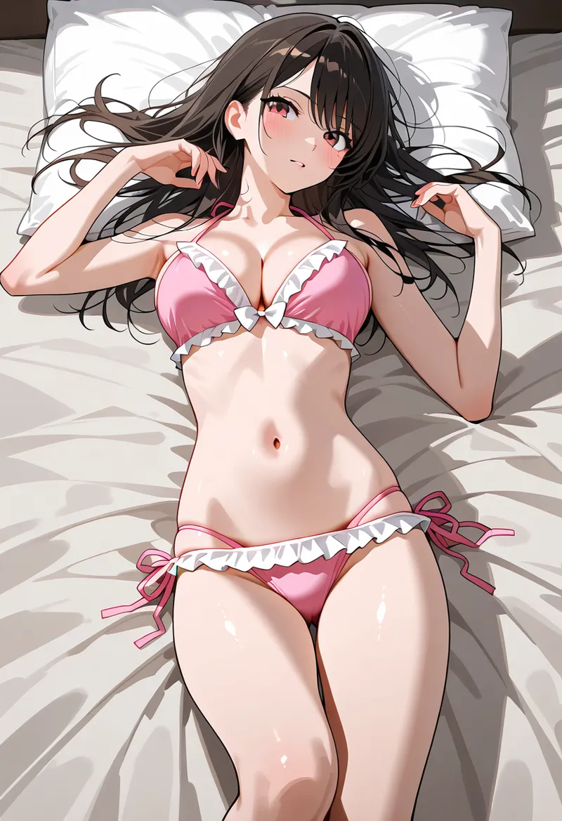 黒髪をベッドに広げた美少女が、ピンク色のランジェリーで優雅に身を包むアニメ調イラストです。柔らかな光が白いシーツの上に影を落とし、モデルの上品な仕草と自信に満ちた視線が印象的な一枚です。