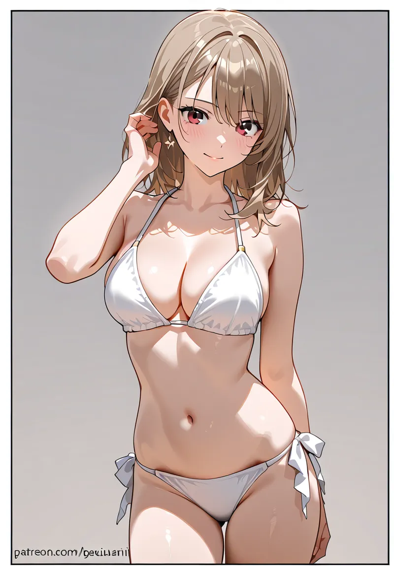 グレーの背景に映えるベージュのウェーブヘアと赤紫の瞳が印象的なアニメ調の美少女イラスト。白い水着姿で髪に手を添え、柔らかく微笑む表情が魅力です。