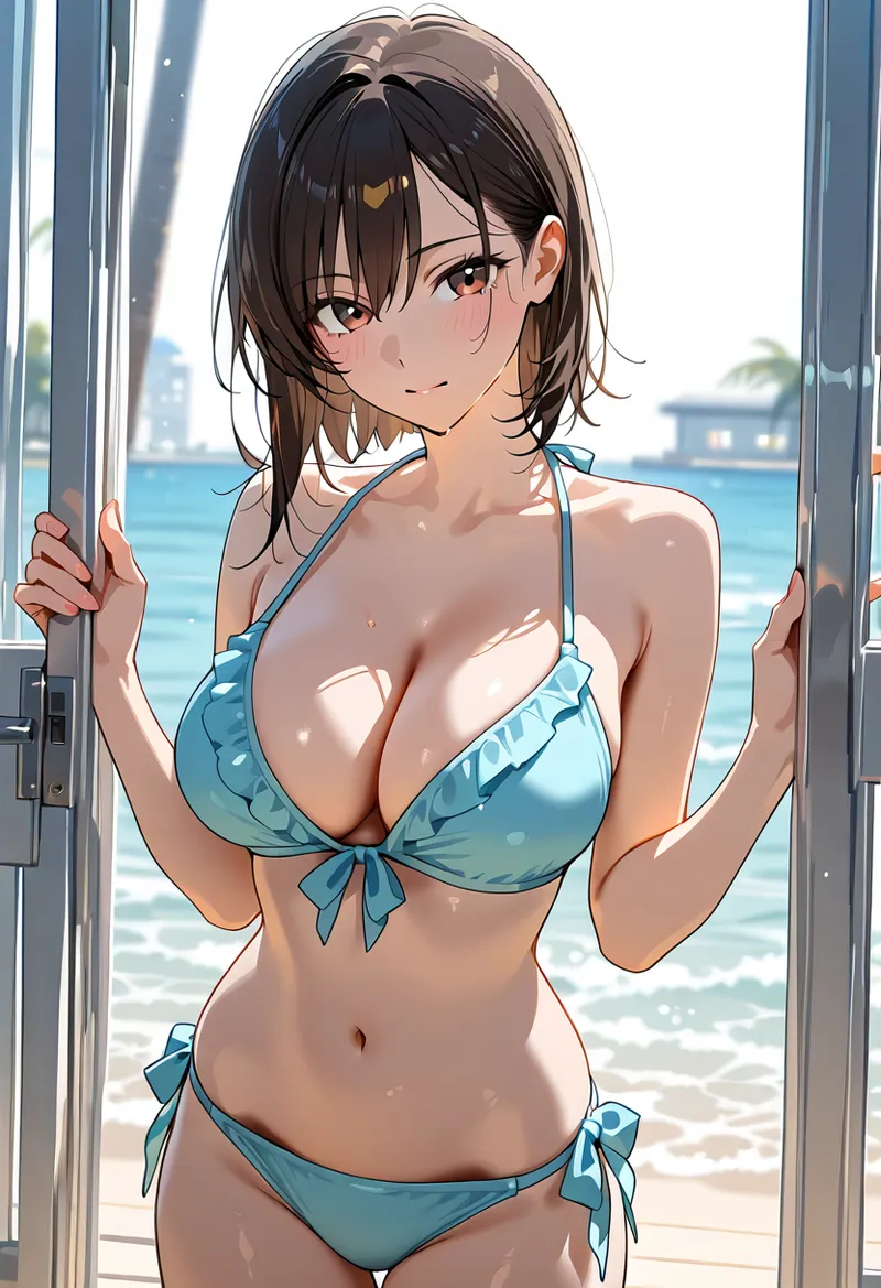 青い海を背景にした高級感あふれる窓際で、黒髪の美少女がアニメ調タッチで描かれています。清潔感のある光の表現と、爽やかな色彩が特徴的なイラストです。