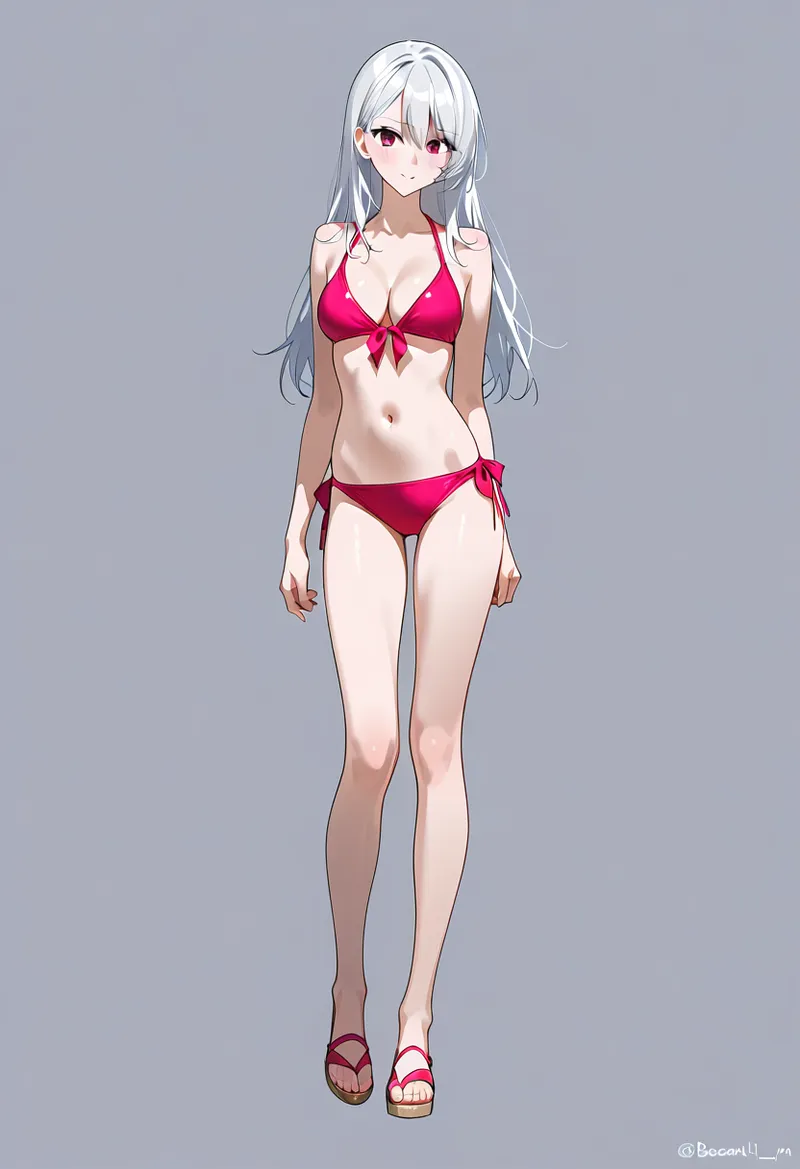 銀色のロングヘアと紫紅色の瞳が印象的な美少女のアニメ調イラストです。赤いビキニ水着を身に着けた夏らしい装いで、落ち着いた灰色背景の中で優雅に立つポートレート作品です。